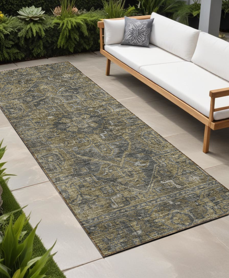 8' Runner Dark Moss Green and Gray Oriental Washable Non Skid Indoor Outdoor Runner Rug-563800-1