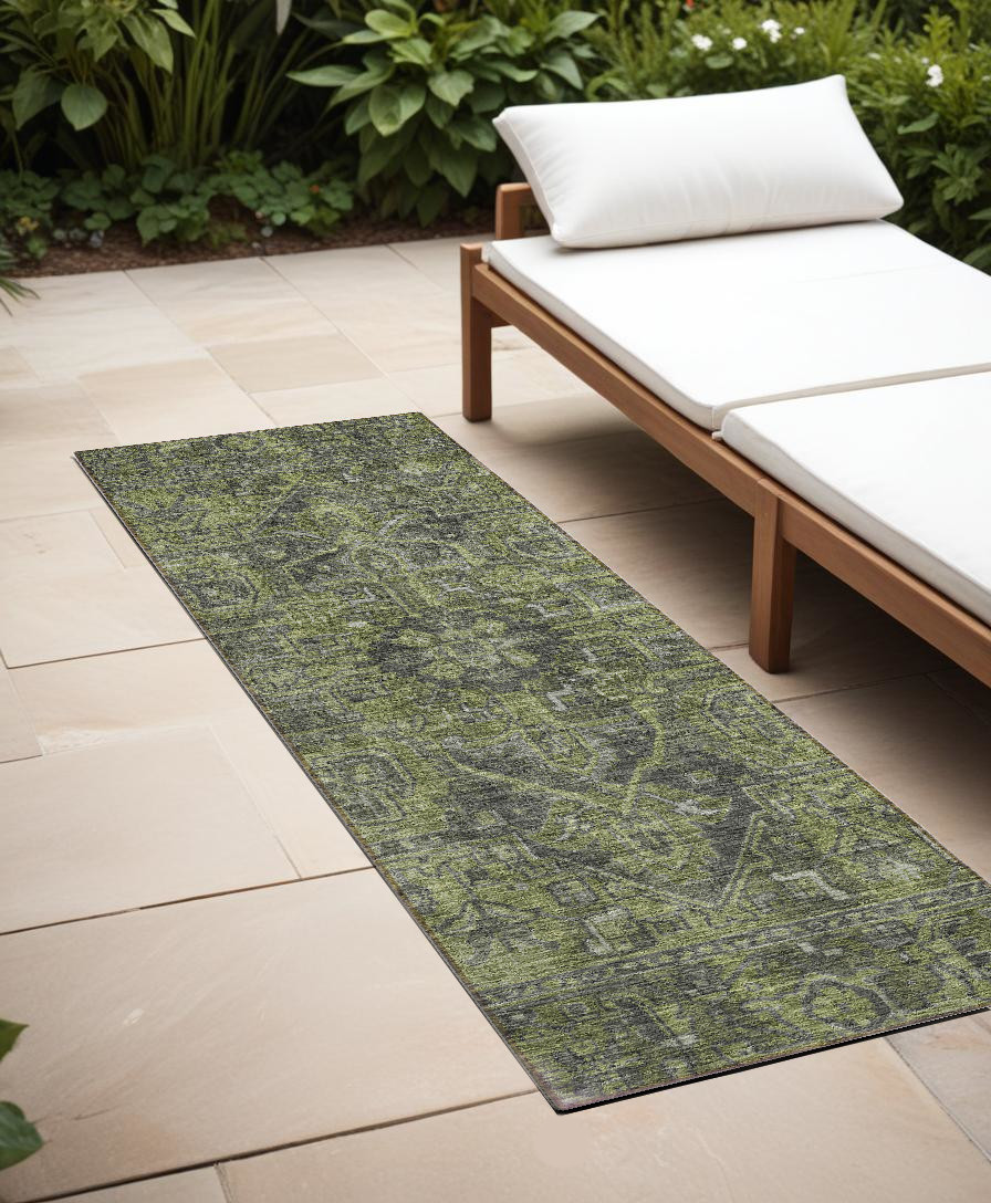 8' Runner Moss Green and Gray Oriental Washable Non Skid Indoor Outdoor Runner Rug-563809-1