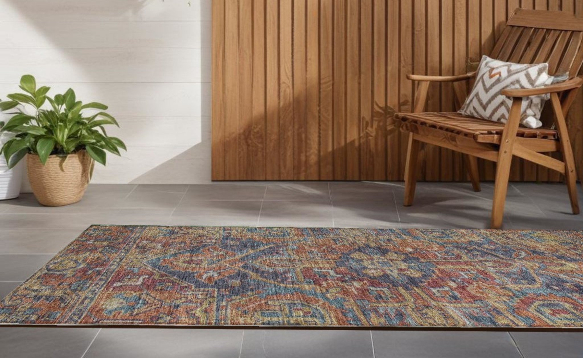 8' Runner Red Orange and Blue Oriental Washable Non Skid Indoor Outdoor Runner Rug-563836-1