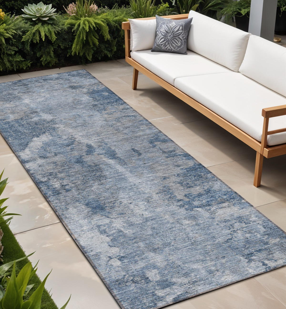 8' Runner Blue Abstract Washable Non Skid Indoor Outdoor Runner Rug-564234-1