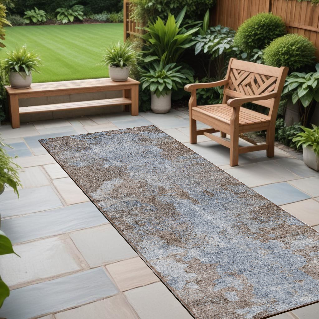 8' Runner Mocha and Blue Abstract Washable Non Skid Indoor Outdoor Runner Rug-564243-1