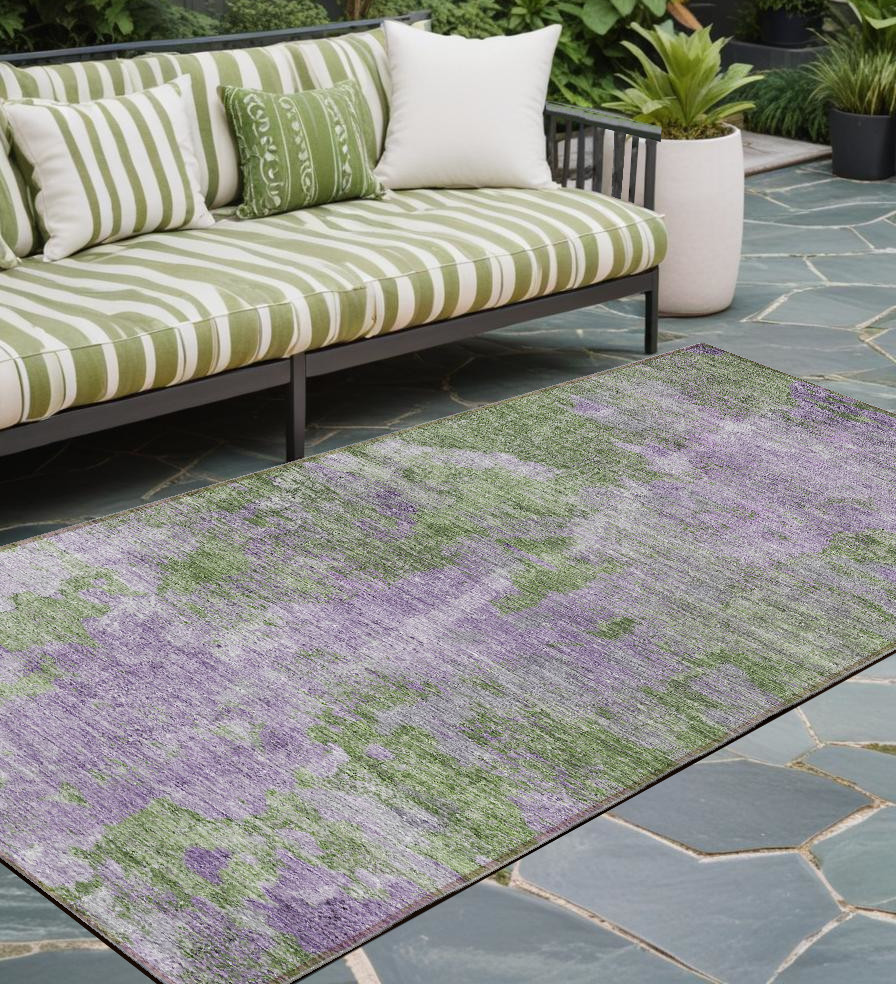 8' Runner Green and Purple Abstract Washable Non Skid Indoor Outdoor Runner Rug-564270-1