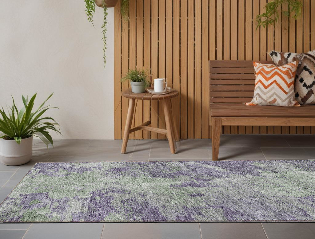 8' Runner Purple and Green Abstract Washable Non Skid Indoor Outdoor Runner Rug-564279-1