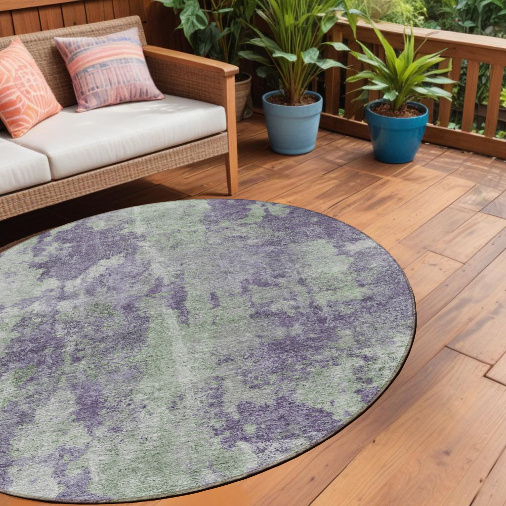 8' Purple And Green Round Abstract Washable Indoor Outdoor Area Rug-564283-1