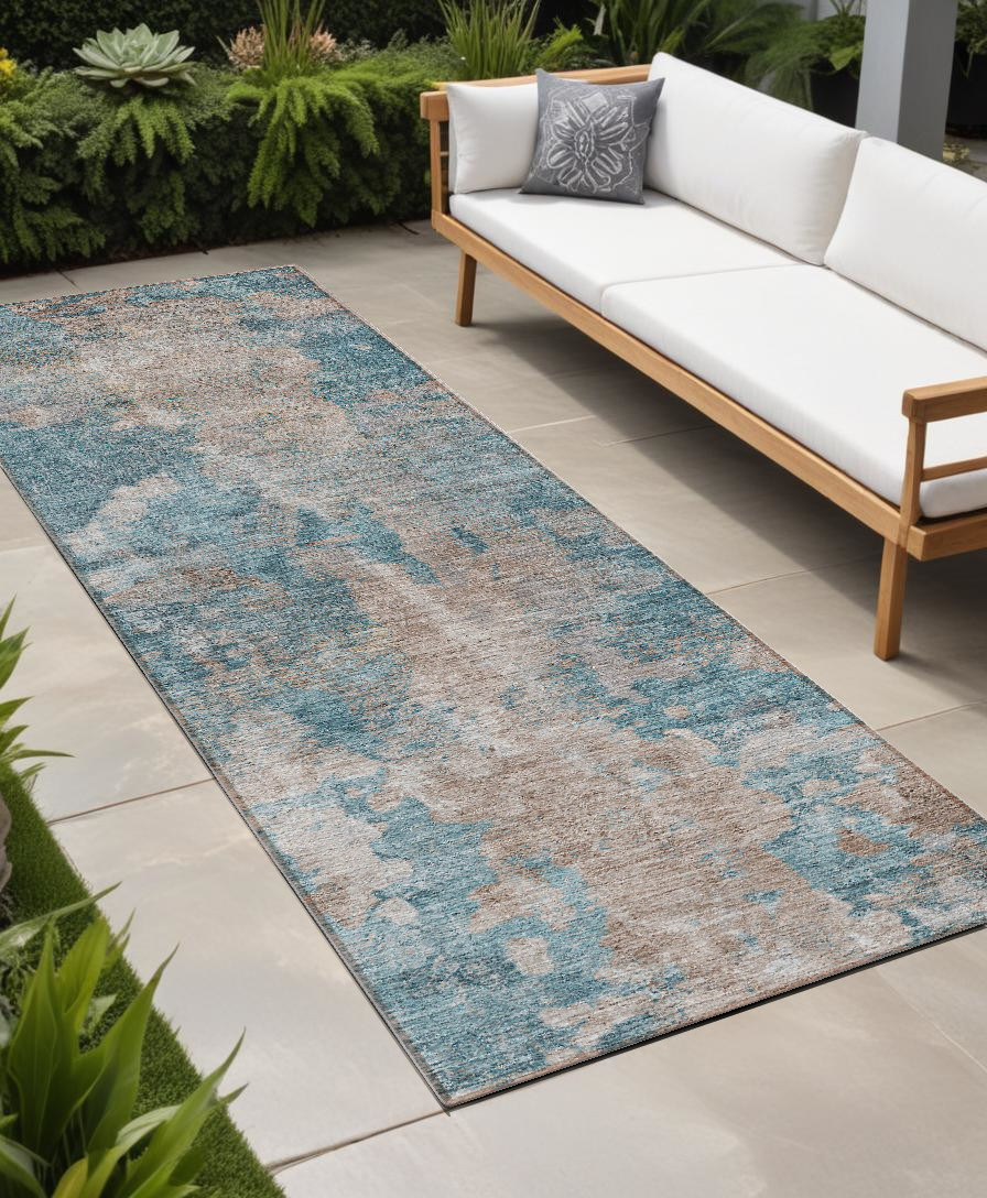 8' Runner Teal and Taupe Abstract Washable Non Skid Indoor Outdoor Runner Rug-564288-1