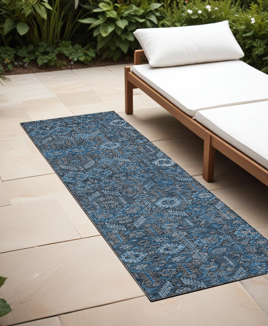 8' Runner Blue and Black Floral Washable Non Skid Indoor Outdoor Runner Rug-564303-1