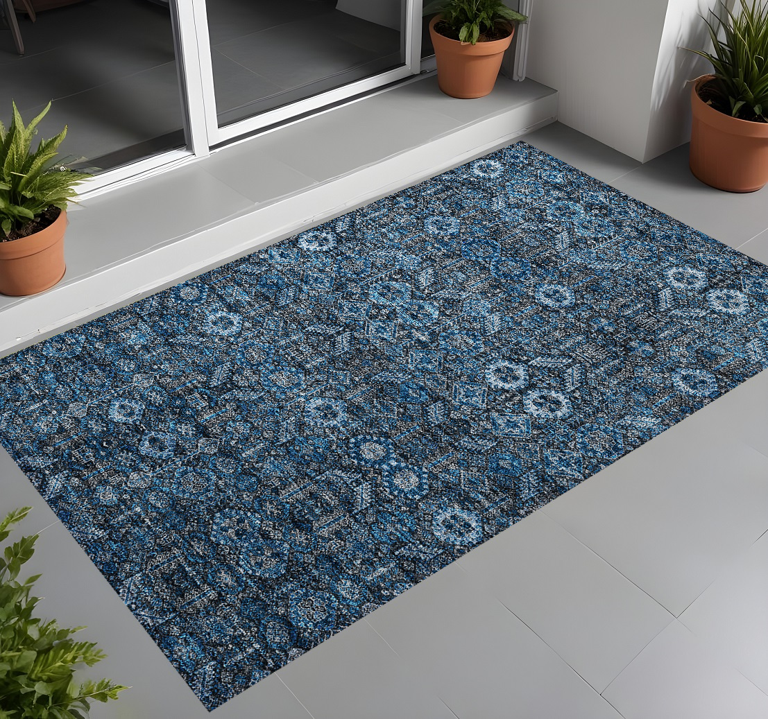 3' X 5' Blue And Black Floral Washable Indoor Outdoor Area Rug-564305-1