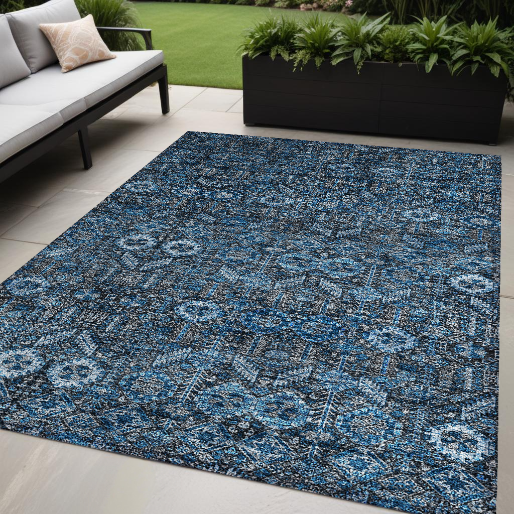 5' X 8' Blue and Black Floral Washable Non Skid Indoor Outdoor Area Rug-564306-1