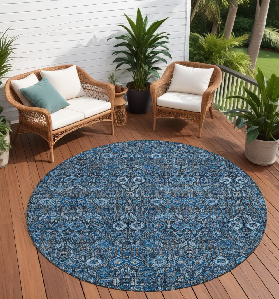 8' Round Blue and Black Round Floral Washable Non Skid Indoor Outdoor Area Rug-564307-1