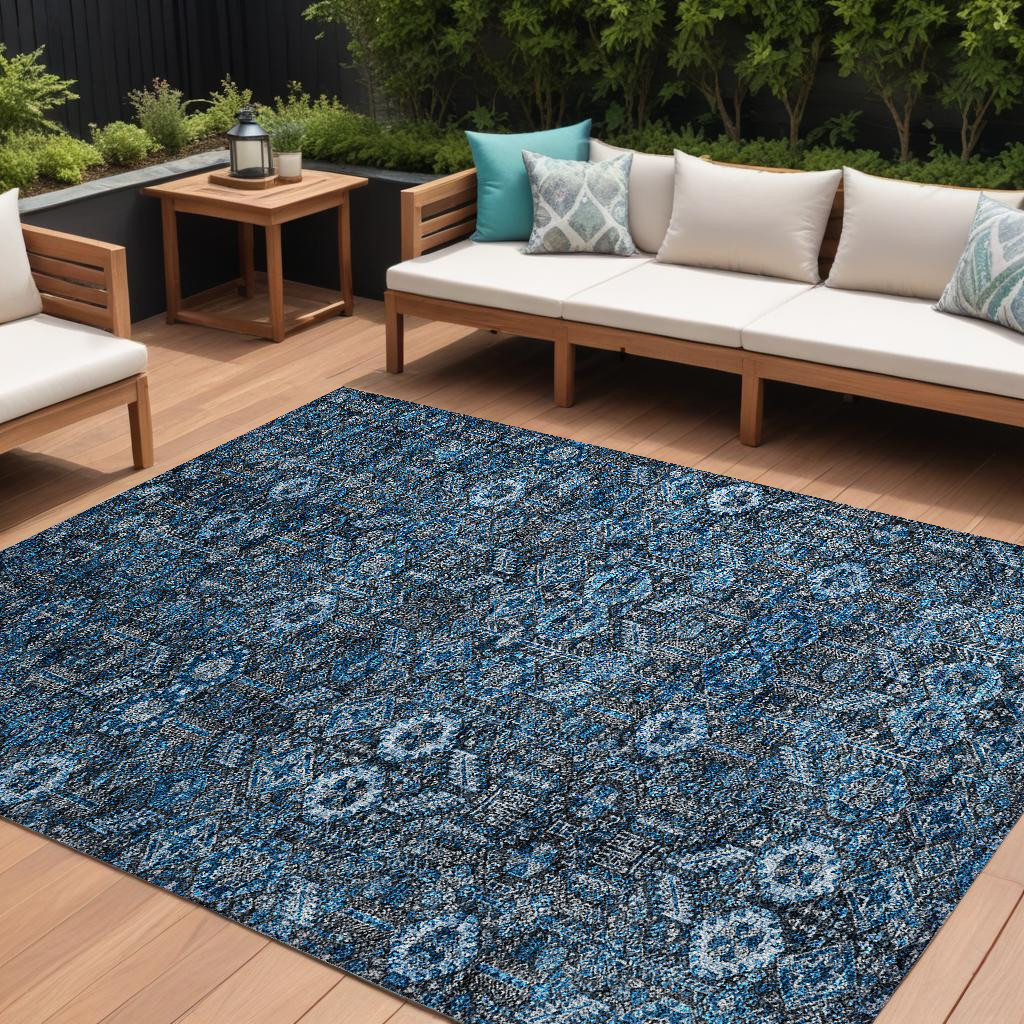 9' X 12' Blue and Black Floral Washable Non Skid Indoor Outdoor Area Rug-564309-1