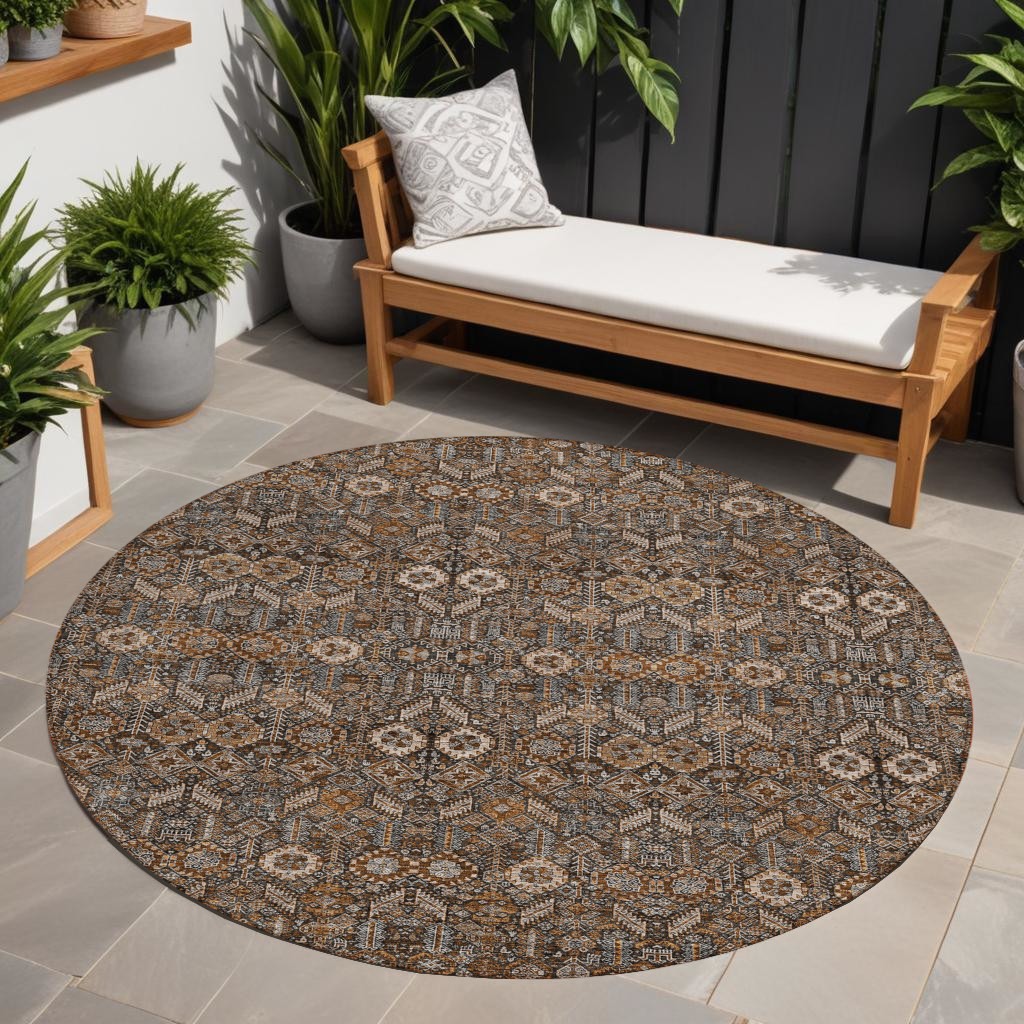 8' Round Chocolate Round Floral Washable Non Skid Indoor Outdoor Area Rug-564316-1