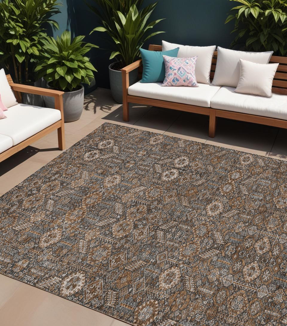 10' X 14' Chocolate Floral Washable Non Skid Indoor Outdoor Area Rug-564319-1
