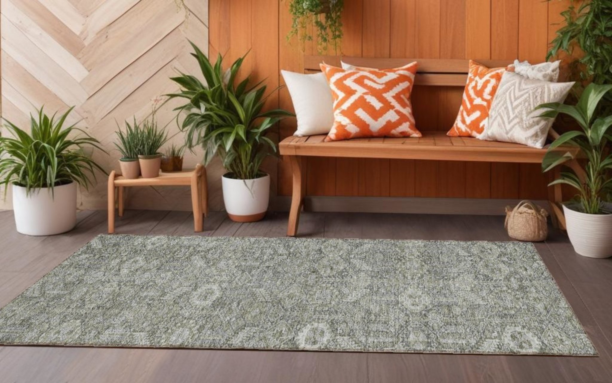 8' Runner Cream and Tan Floral Washable Non Skid Indoor Outdoor Runner Rug-564321-1