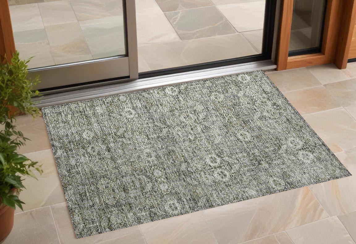 3' X 5' Cream and Tan Floral Washable Non Skid Indoor Outdoor Area Rug-564323-1
