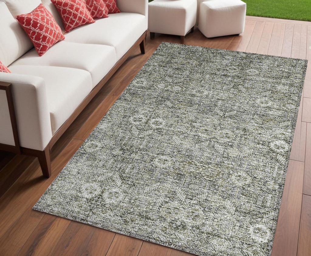 5' X 8' Cream and Tan Floral Washable Non Skid Indoor Outdoor Area Rug-564324-1