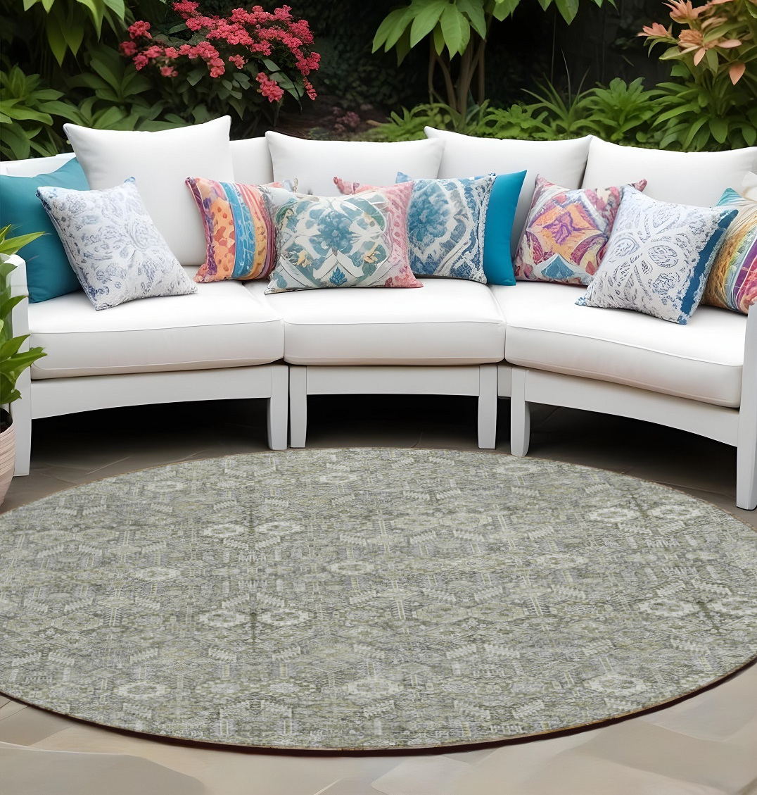 8' Round Cream and Tan Round Floral Washable Non Skid Indoor Outdoor Area Rug-564325-1