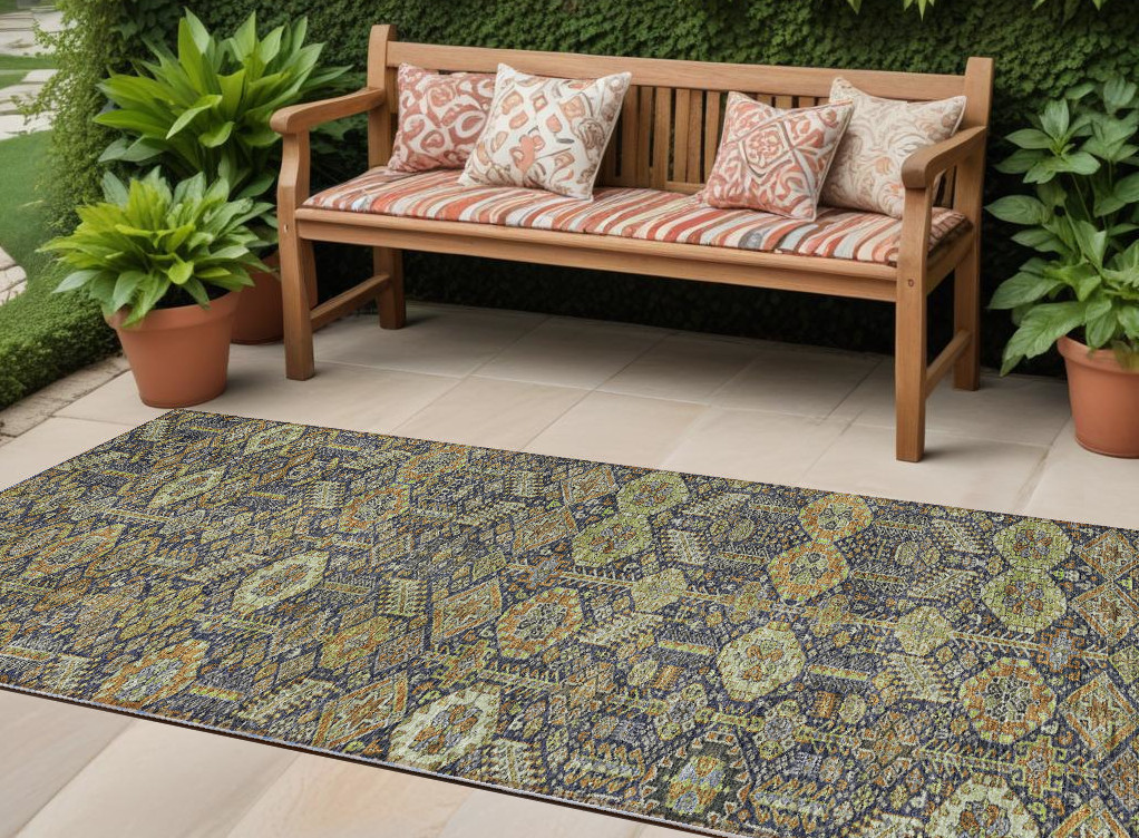 8' Runner Blue and Orange Floral Washable Non Skid Indoor Outdoor Runner Rug-564348-1