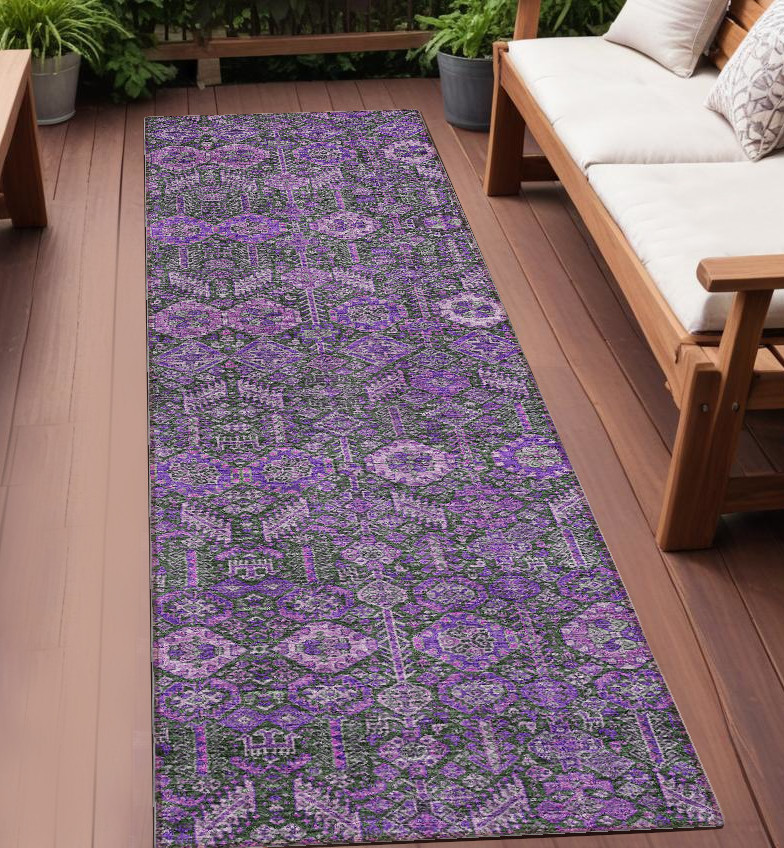 8' Purple And Green Floral Washable Indoor Outdoor Runner Rug-564357-1