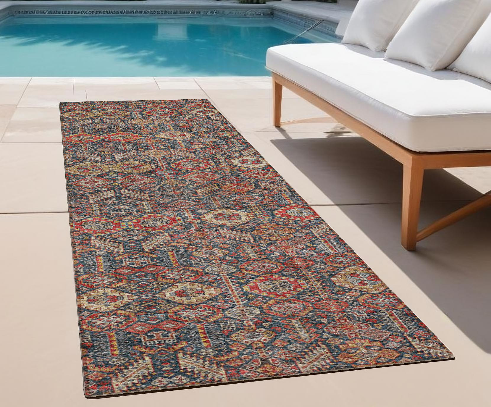 8' Runner Red and Dark Blue Floral Washable Non Skid Indoor Outdoor Runner Rug-564366-1