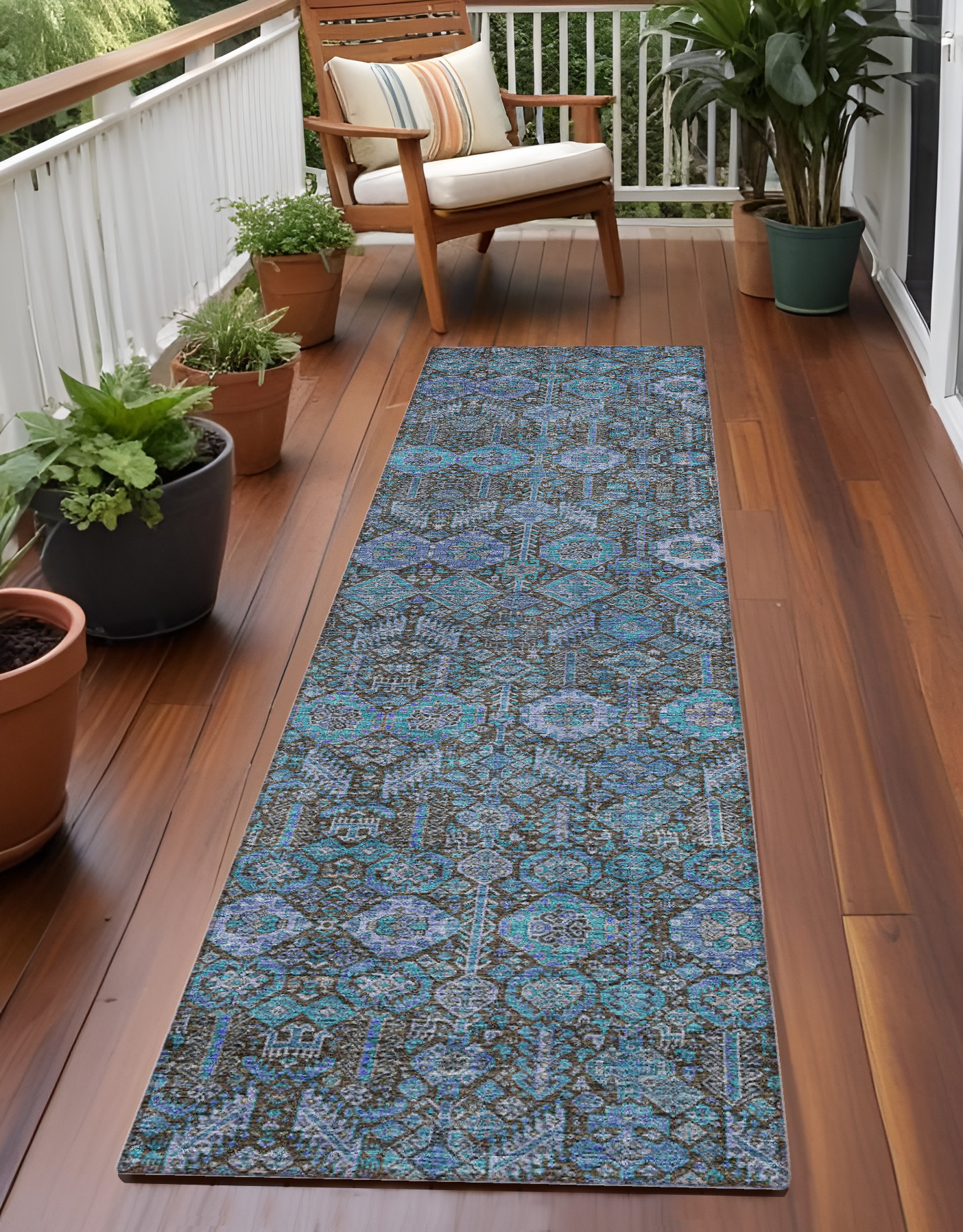 8' Runner Blue and Coffee Floral Washable Non Skid Indoor Outdoor Runner Rug-564384-1