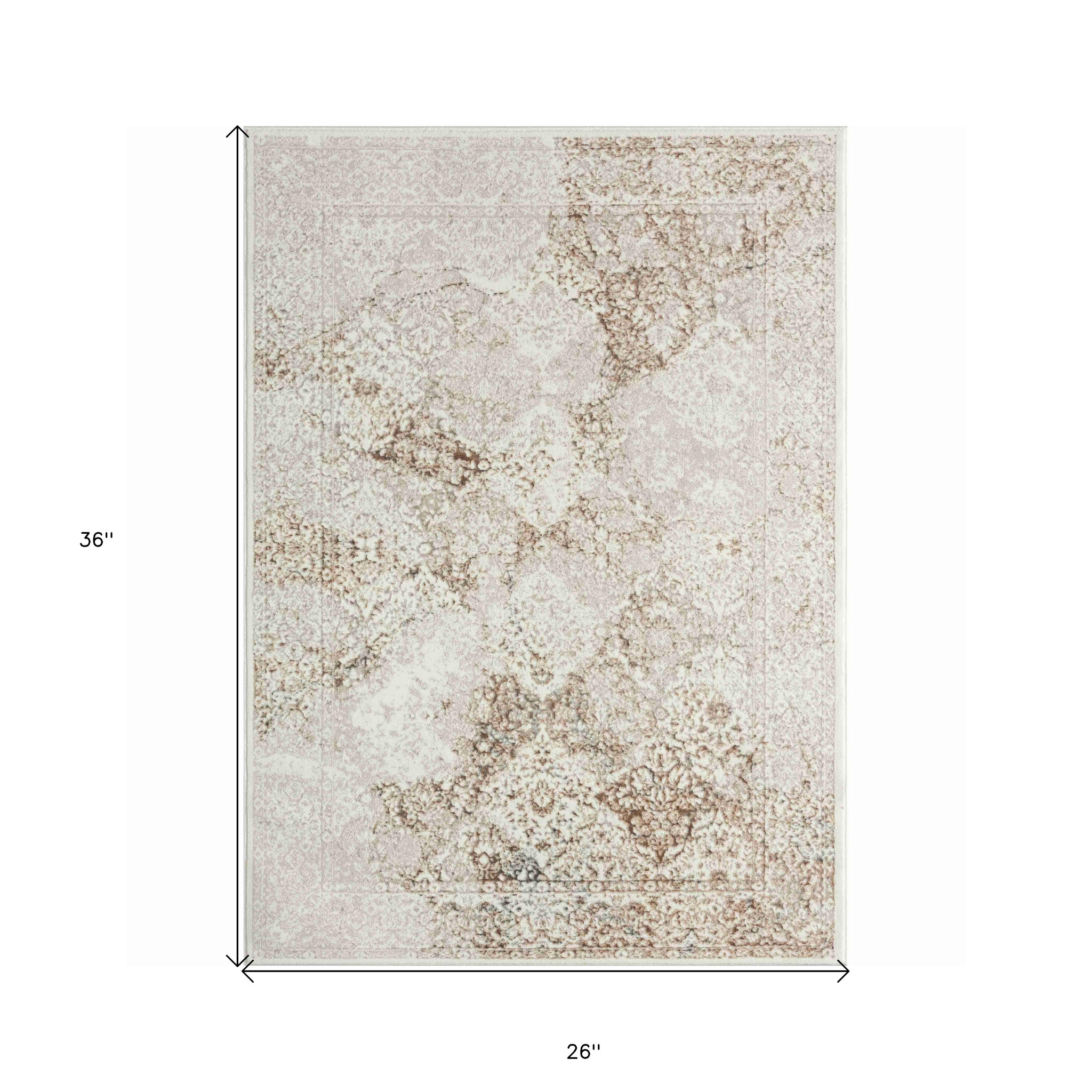 2" X 3" Beige and Ivory Damask Area Rug