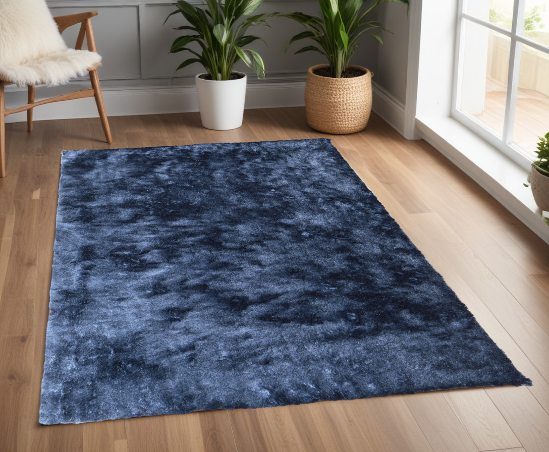 4" X 6" Blue Shag Hand Tufted Area Rug