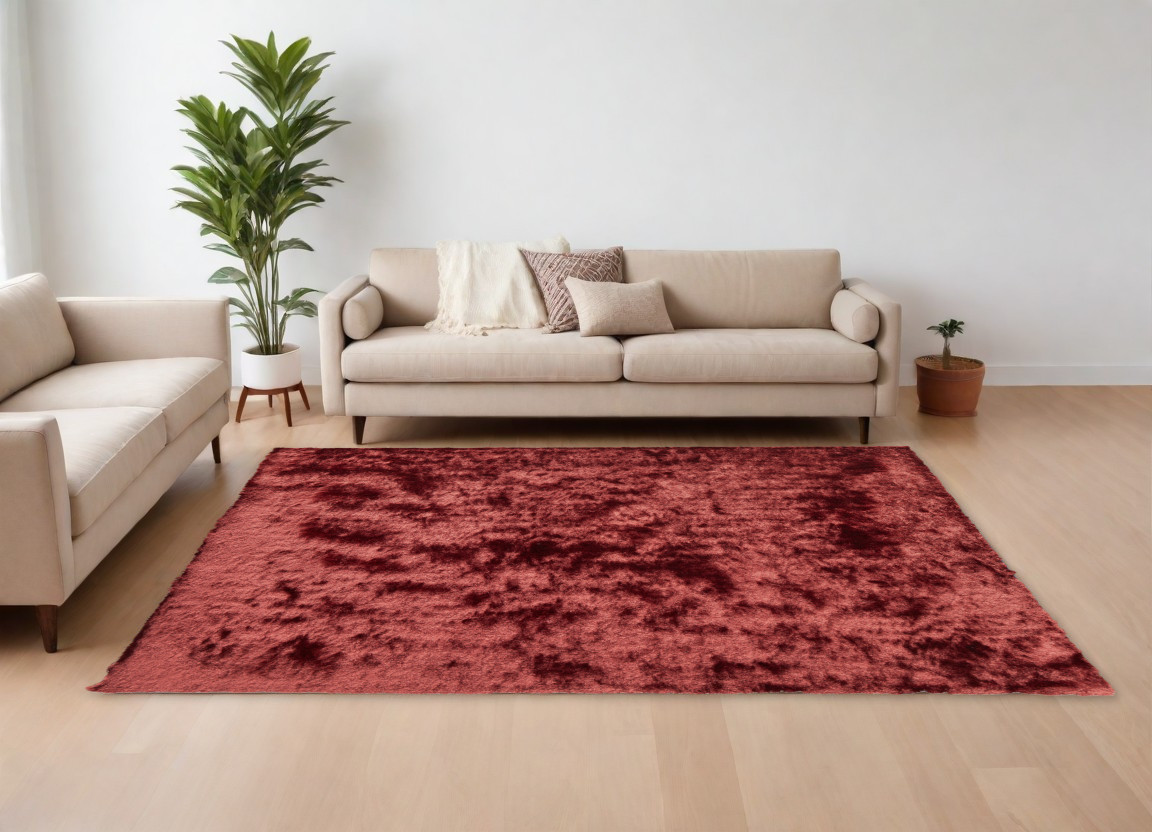 8" X 10" Red Shag Hand Tufted Area Rug