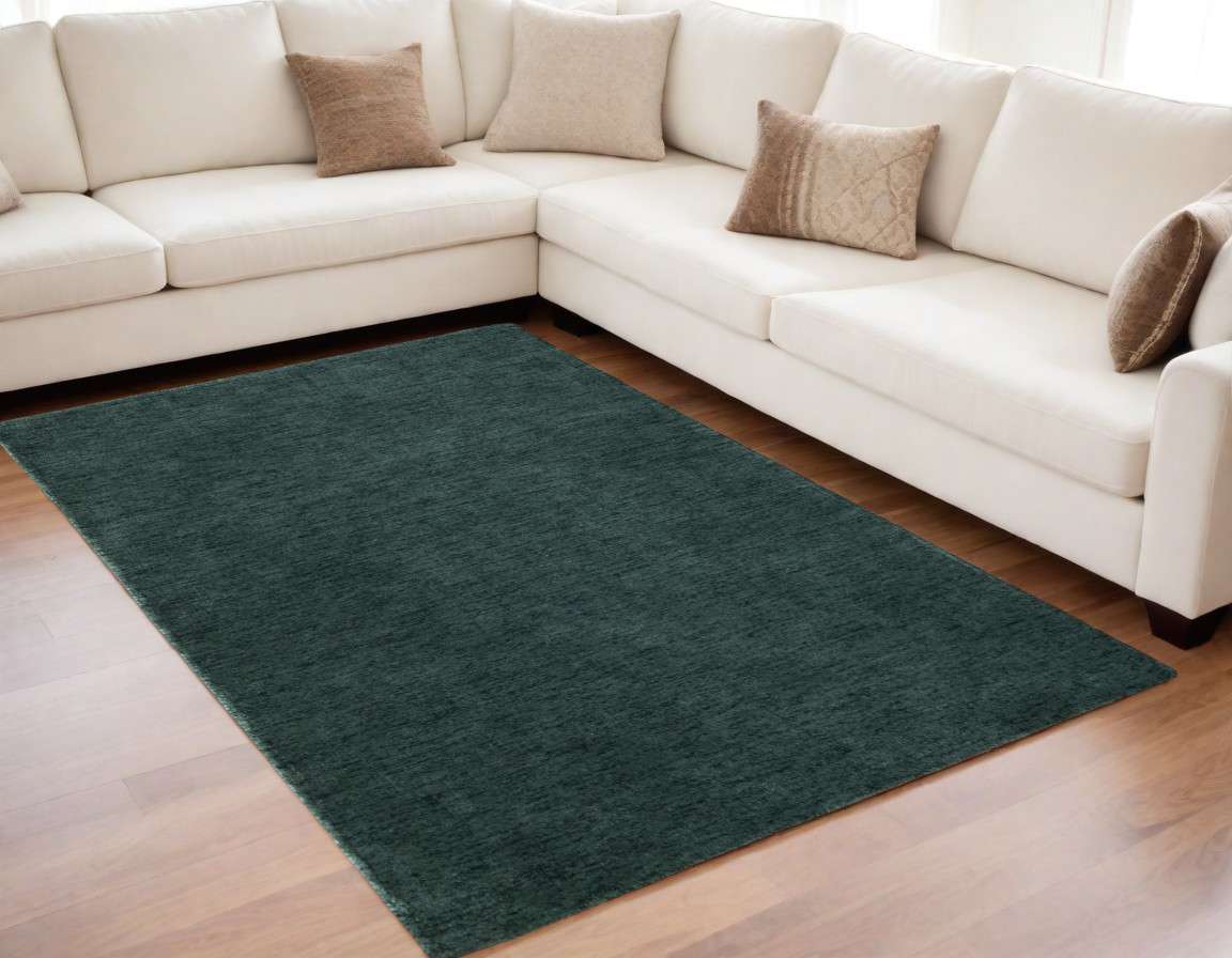 5" X 8" Green Wool Hand Woven Area Rug