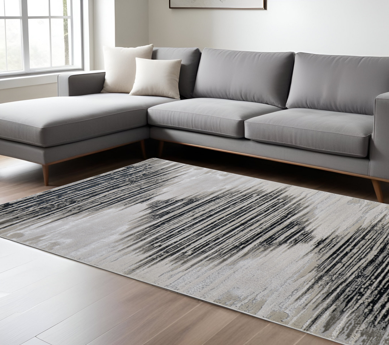 9" X 12" Black and Silver Geometric Power Loom Area Rug