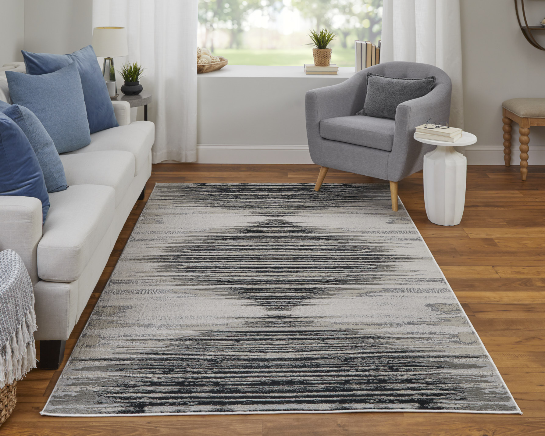 10" X 13" Black and Silver Geometric Power Loom Area Rug