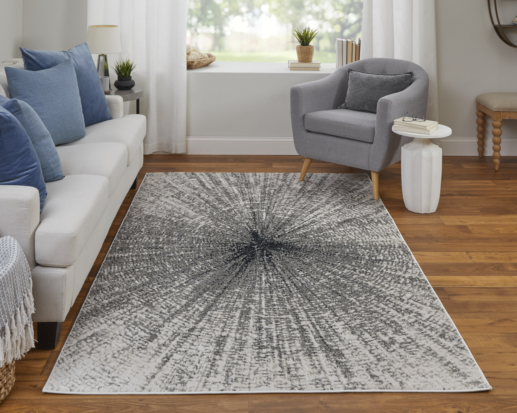 10" X 13" Gray and Ivory Abstract Power Loom Area Rug