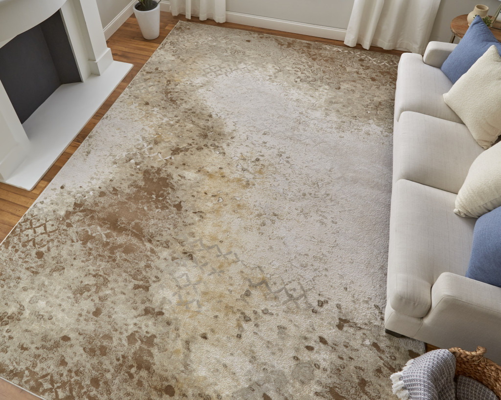 5" X 8" Tan and Ivory Abstract Power Loom Worn Faded Area Rug