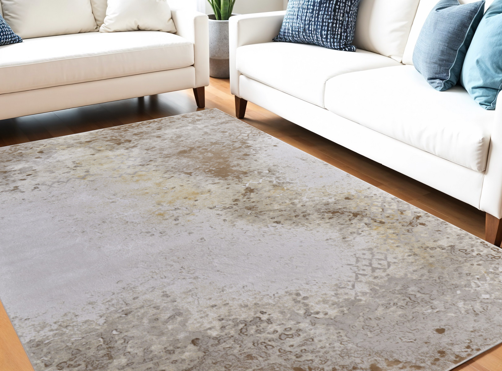 5" X 8" Tan and Ivory Abstract Power Loom Worn Faded Area Rug