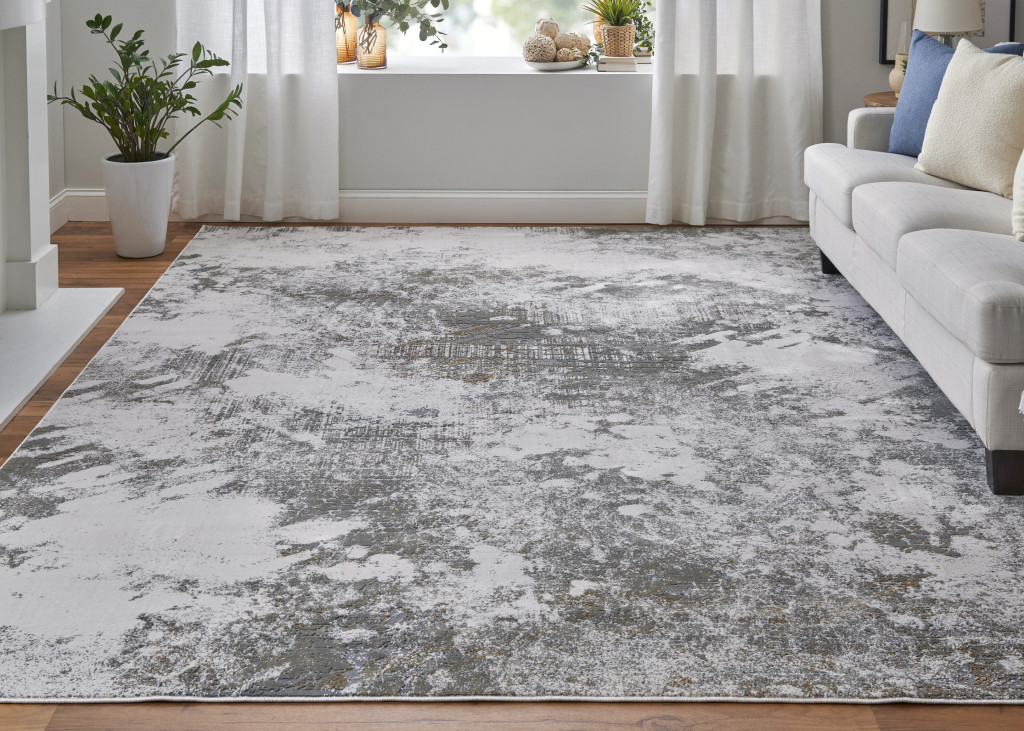 8" X 11" Gray and Silver Abstract Power Loom Worn Faded Area Rug