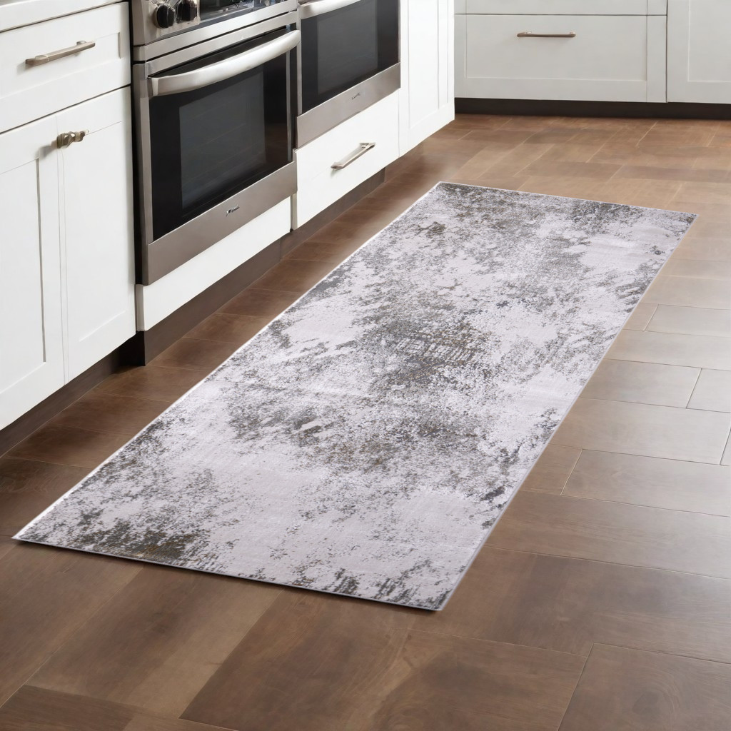 8" Gray and Silver Abstract Power Loom Worn Faded Runner Rug