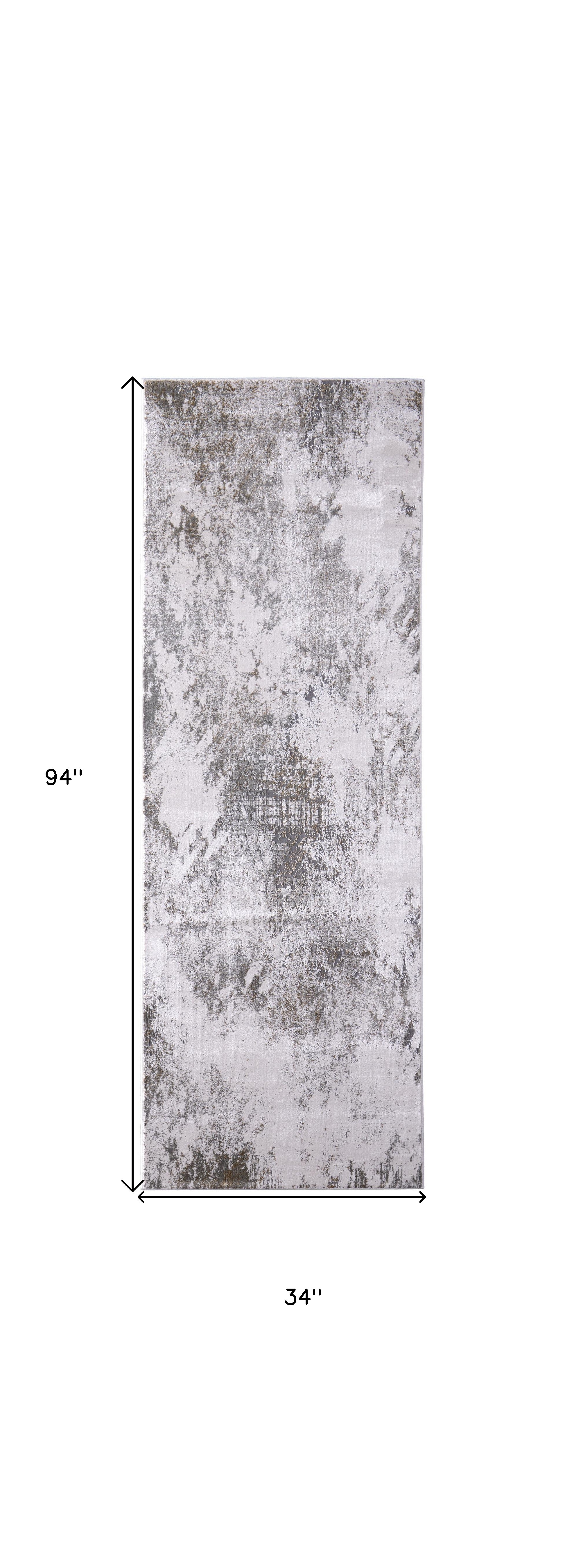 8" Gray and Silver Abstract Power Loom Worn Faded Runner Rug