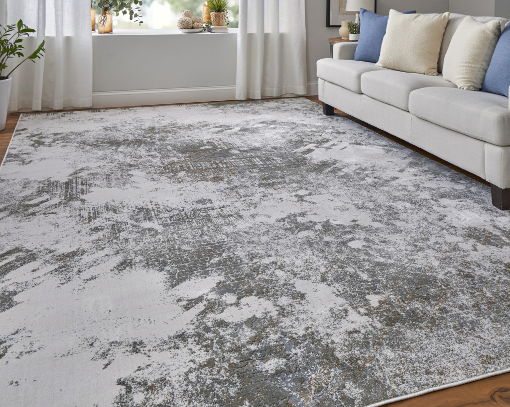 2" X 3" Gray and Silver Abstract Power Loom Worn Faded Area Rug