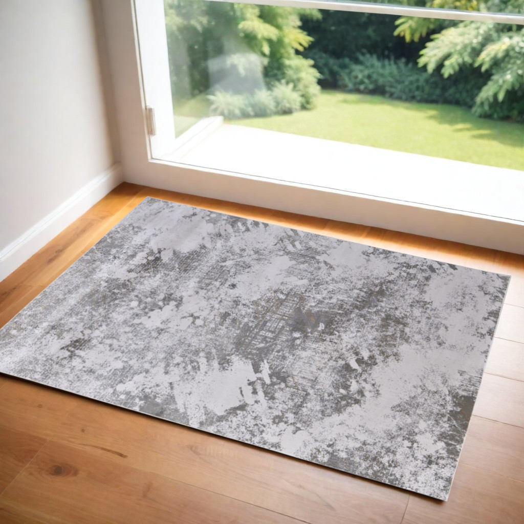 2" X 3" Gray and Silver Abstract Power Loom Worn Faded Area Rug