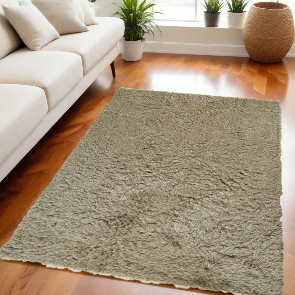 5" X 8" Tan Shag Hand Tufted Area Rug