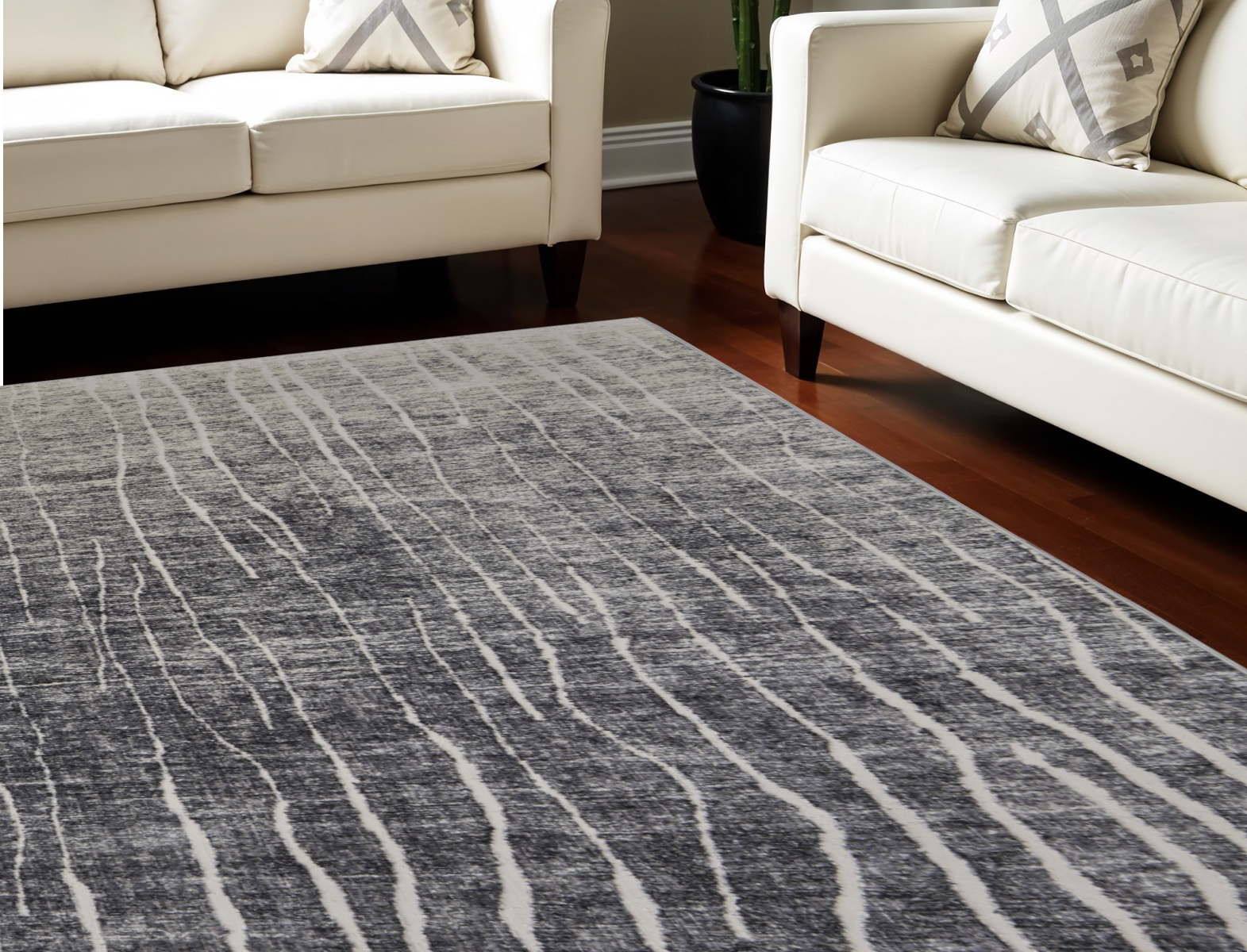 8" X 10" Ivory Gray and Black Abstract Power Loom Area Rug