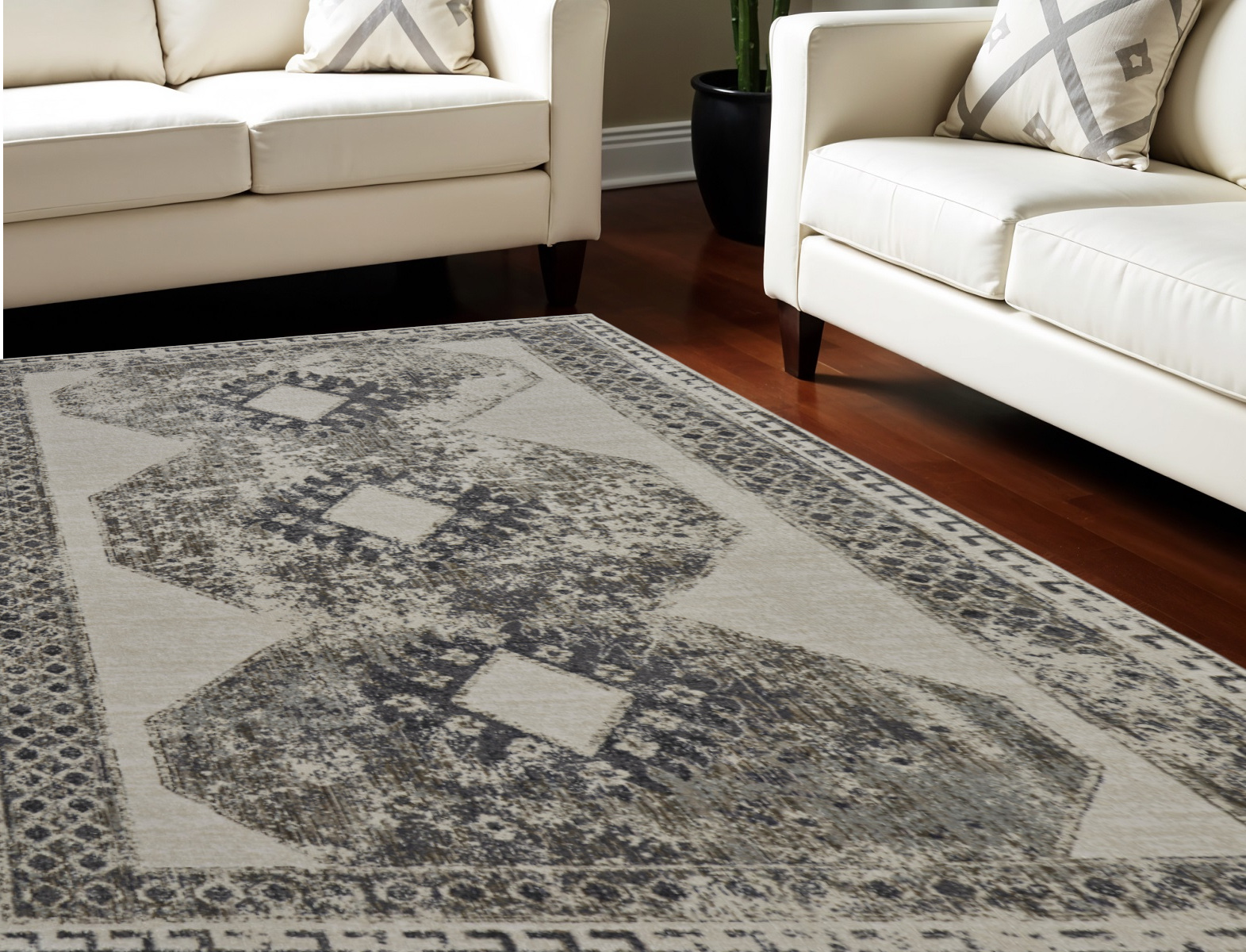 7" X 10" Gray and Ivory Abstract Power Loom Worn Faded Area Rug