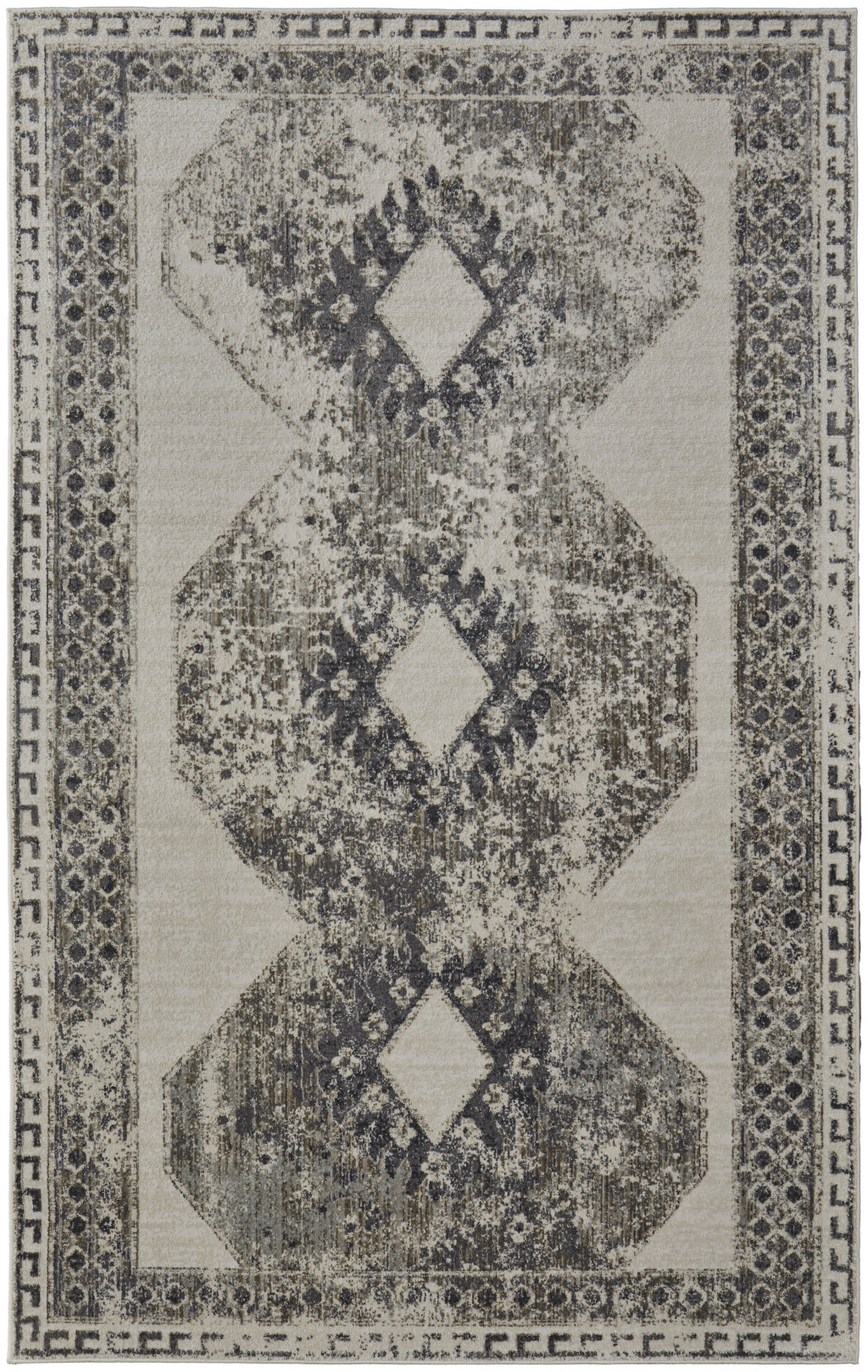 7" X 10" Gray and Ivory Abstract Power Loom Worn Faded Area Rug