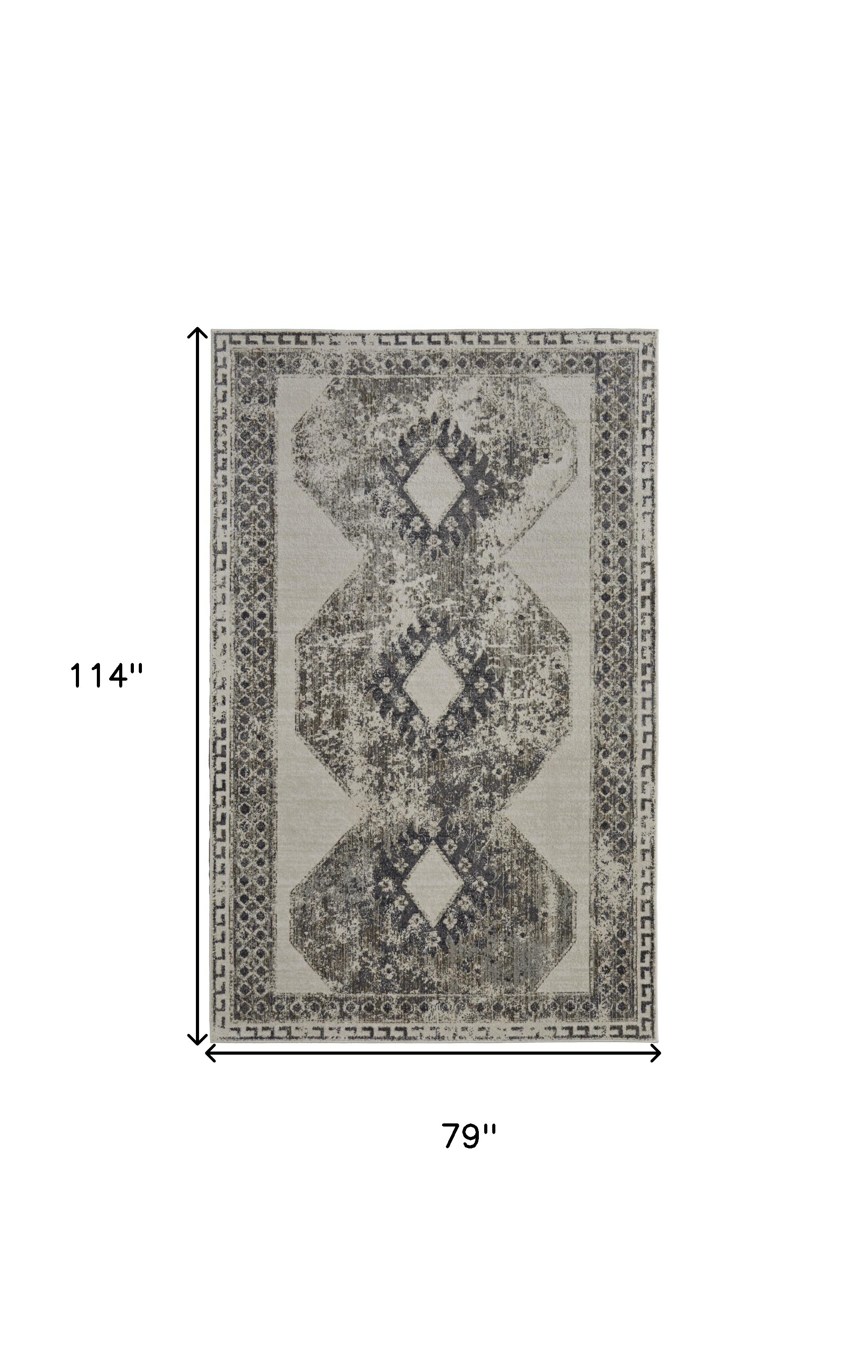 7" X 10" Gray and Ivory Abstract Power Loom Worn Faded Area Rug