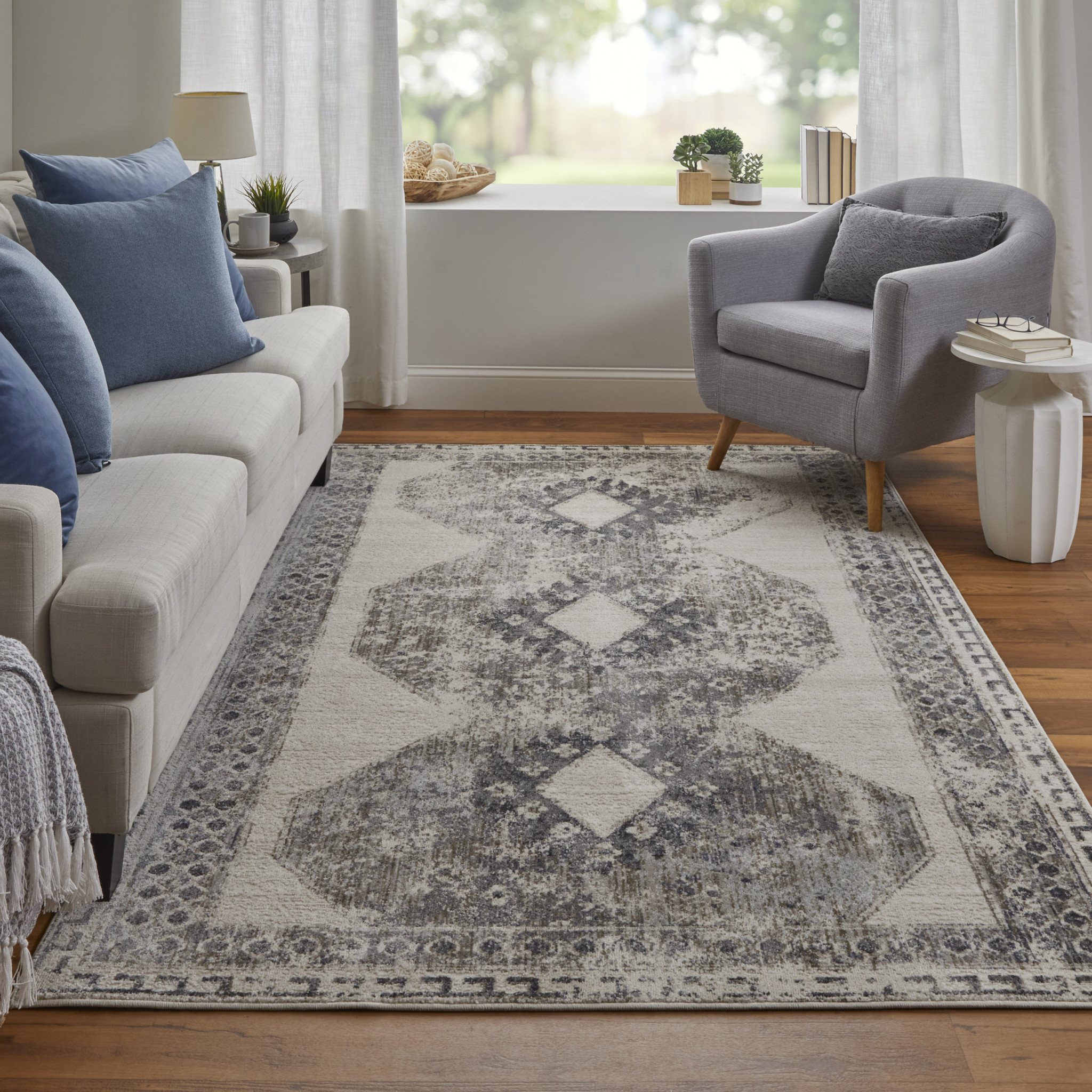 8" X 10" Gray and Ivory Abstract Power Loom Worn Faded Area Rug