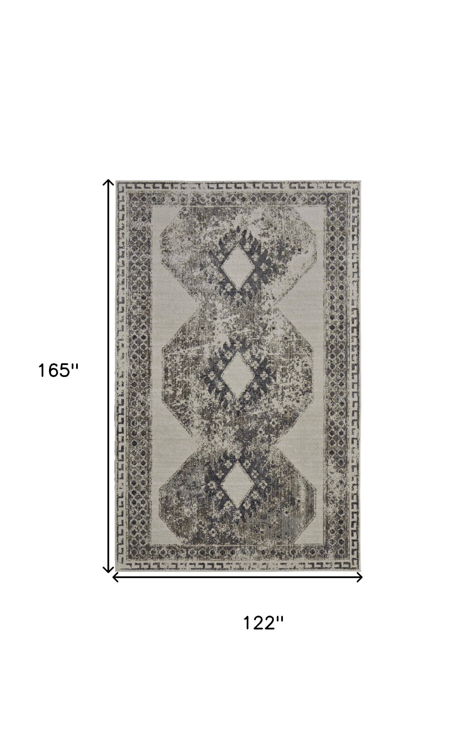 10" X 14" Gray and Ivory Abstract Power Loom Worn Faded Area Rug