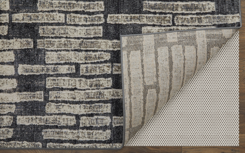 5" X 8" Gray and Black Geometric Power Loom Worn Faded Area Rug