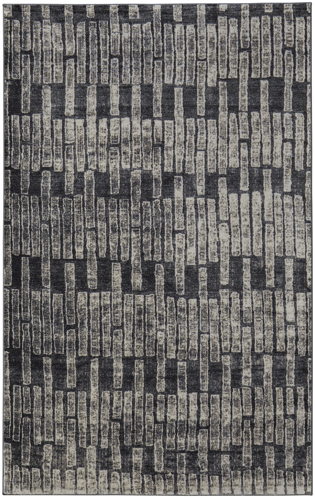5" X 8" Gray and Black Geometric Power Loom Worn Faded Area Rug