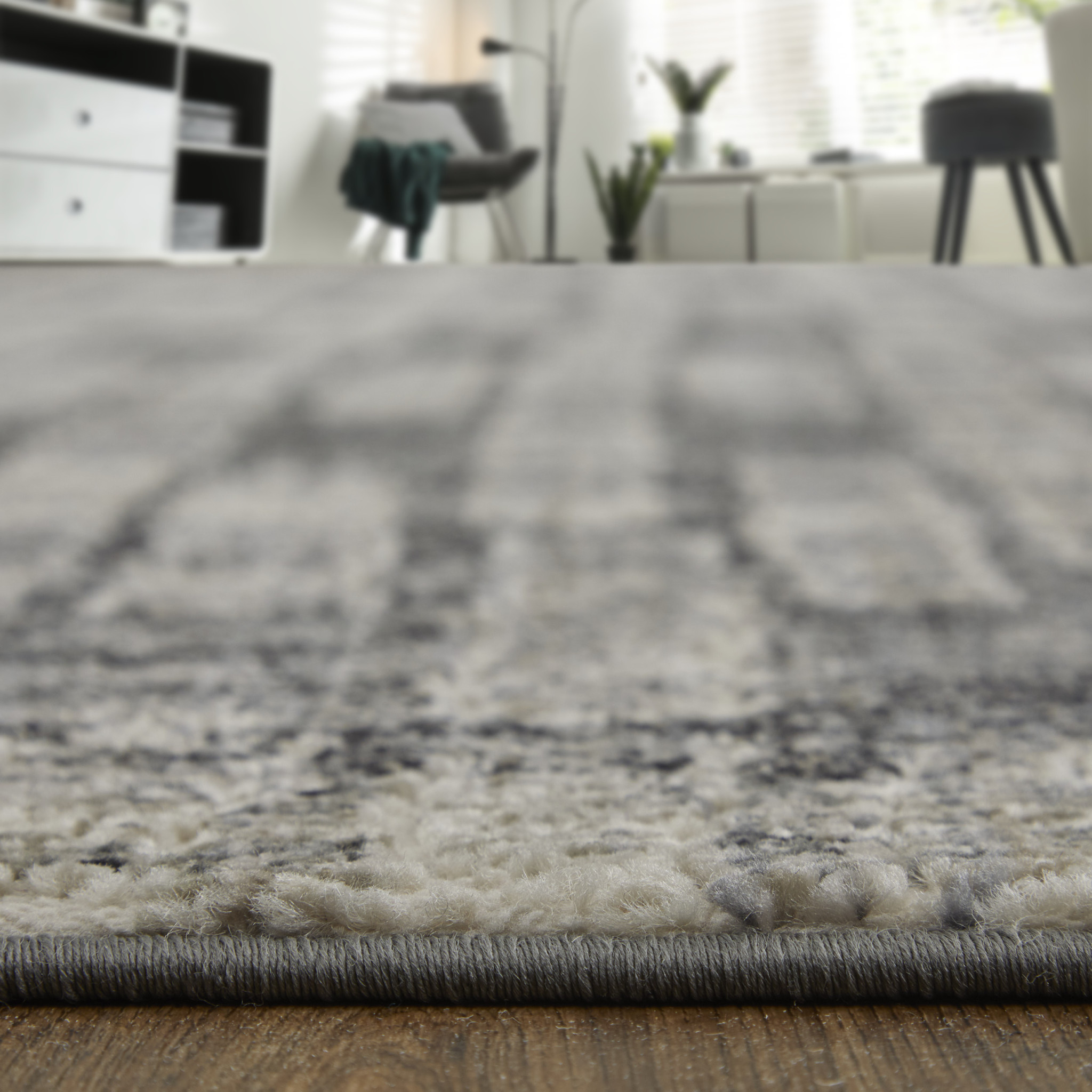 8" X 10" Gray and Black Geometric Power Loom Worn Faded Area Rug