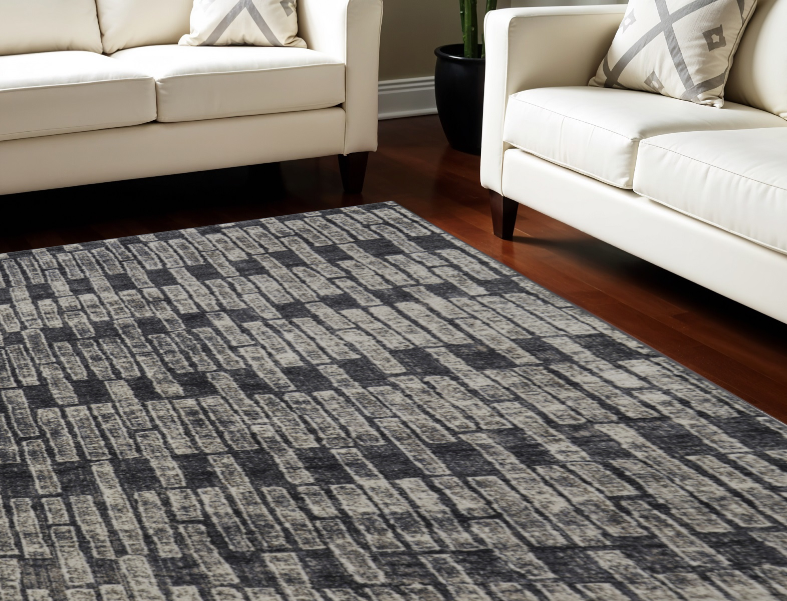 8" X 10" Gray and Black Geometric Power Loom Worn Faded Area Rug