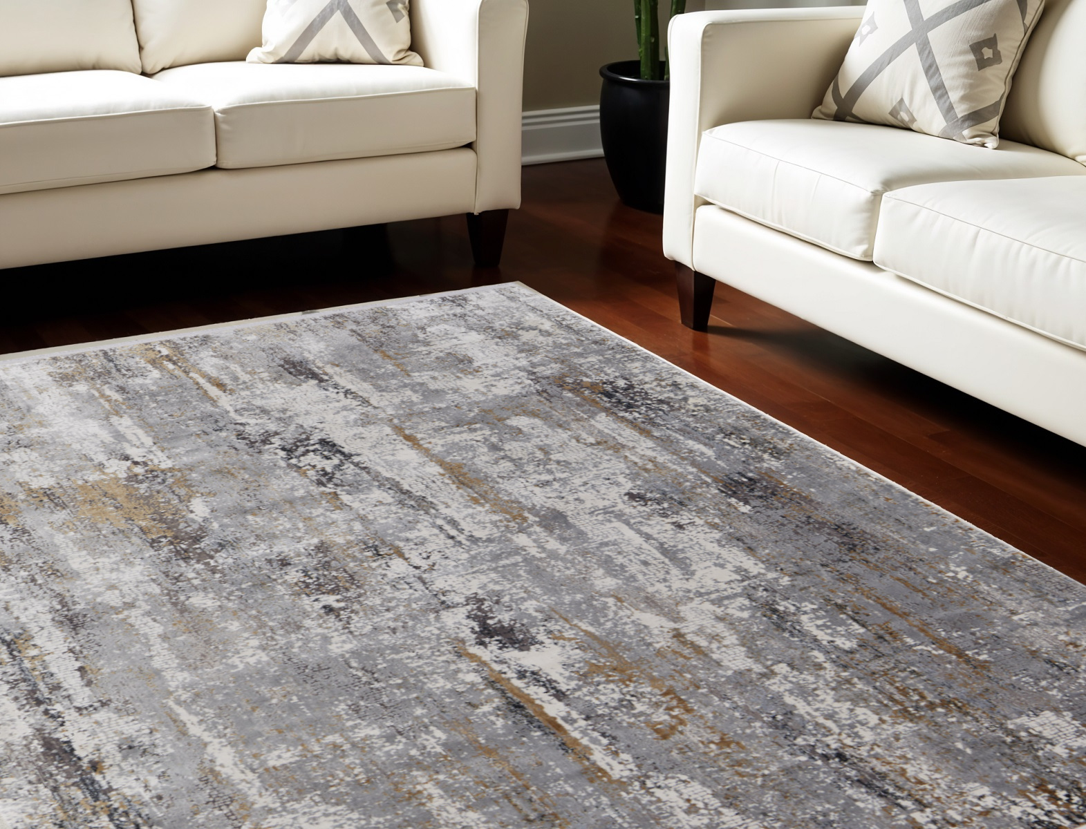 8" X 11" Gray Ivory and Gold Abstract Power Loom Area Rug With Fringe